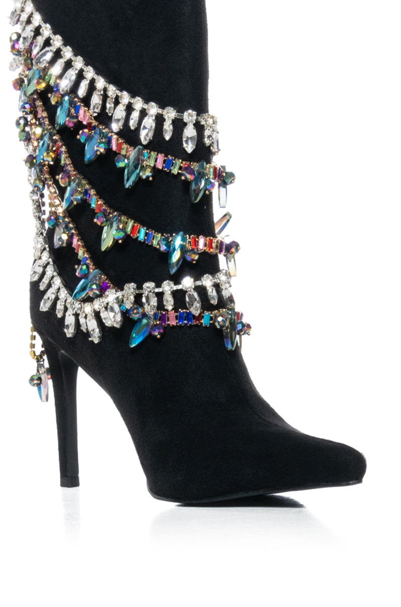 AZALEA WANG CONEJITO BLACK SUEDE BOOTIE WITH RAINBOW DIAMONDS