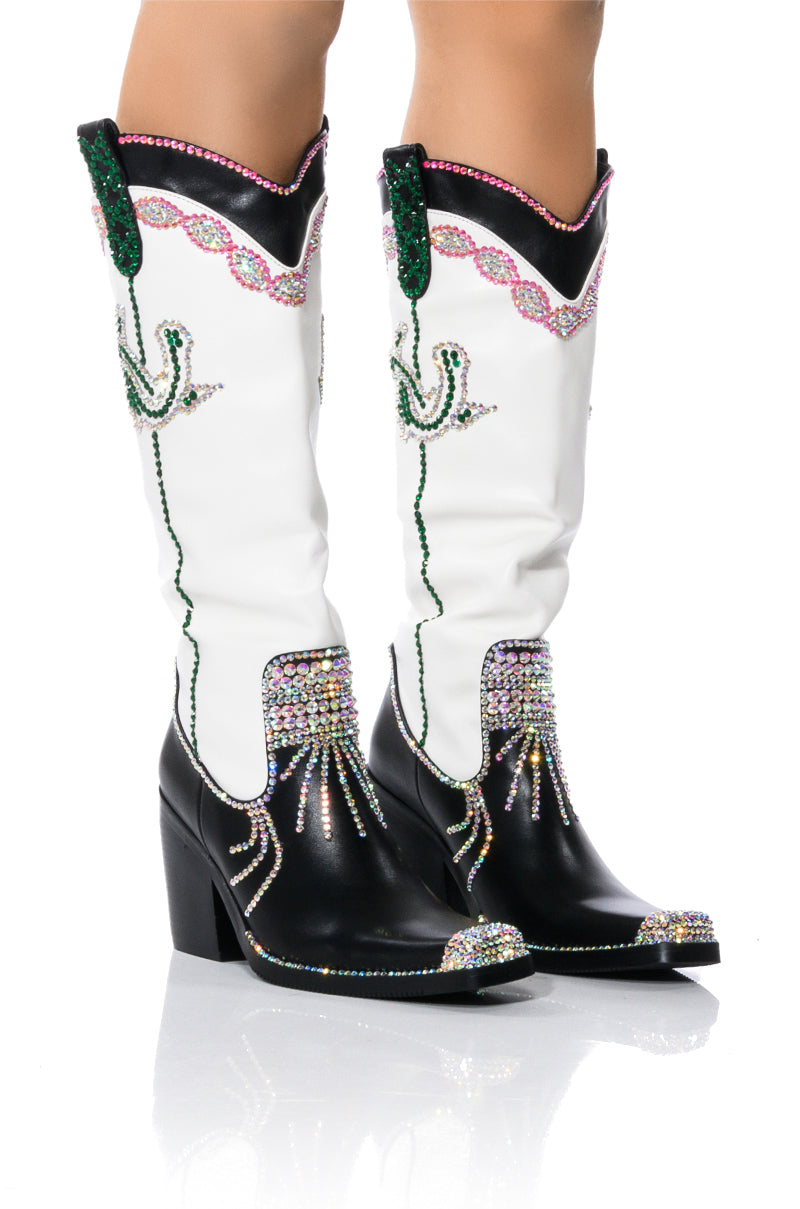 AZALEA WANG PALM BLACK AND WHITE PU WESTERN BOOT