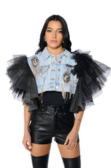 BEBE LUXE EMBELLISHED DENIM AND TULLE CROP VEST