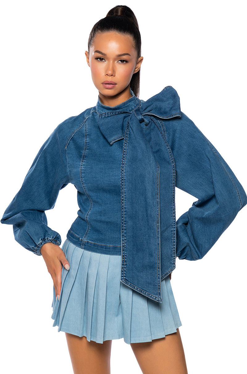 BELIEVE IN MY OWN BOW DETAIL MEDIUM BLUE DENIM TOP