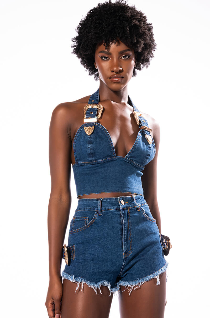 BLUE JEAN BABY BUCKLE HALTER CROP TOP