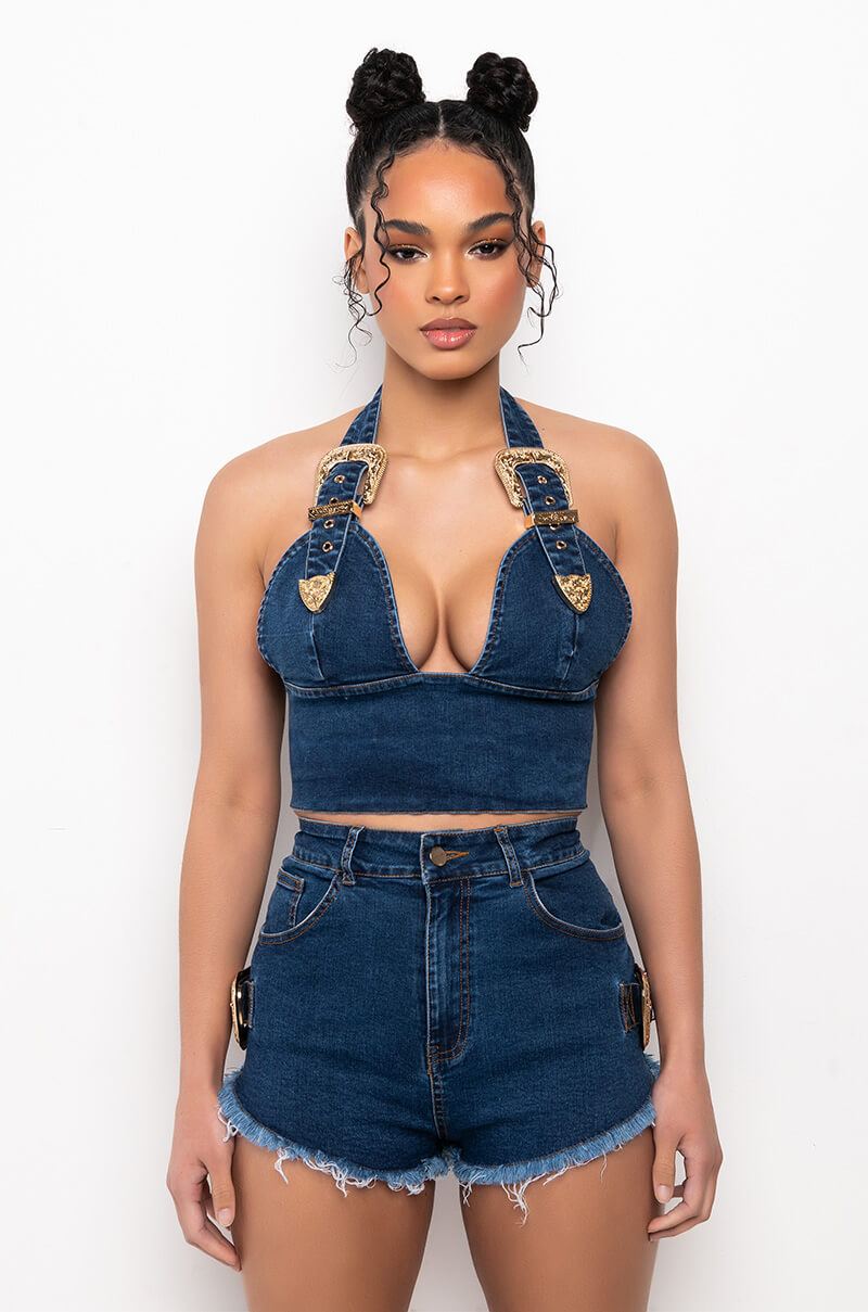 BLUE JEAN BABY BUCKLE HALTER CROP TOP