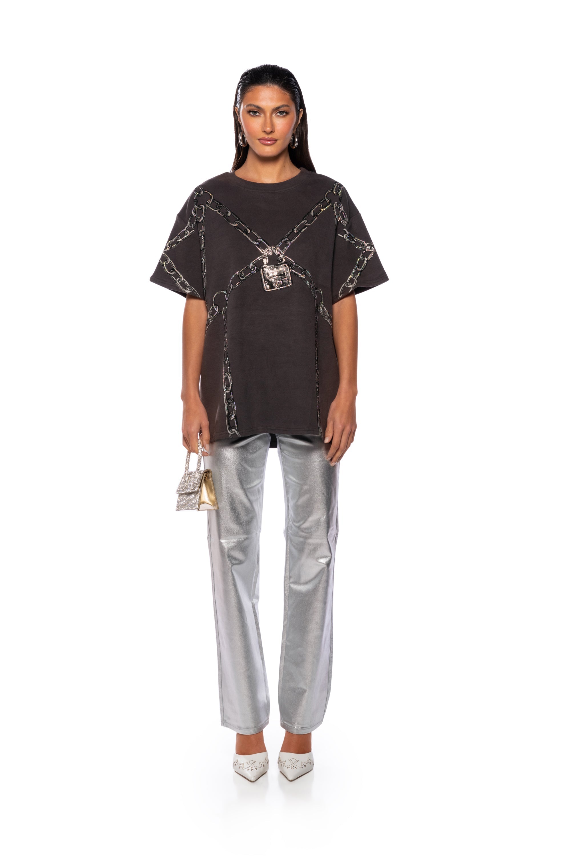 BORN TO SHINE METALLIC STRAIGHT LEG PANTS IN SILVER