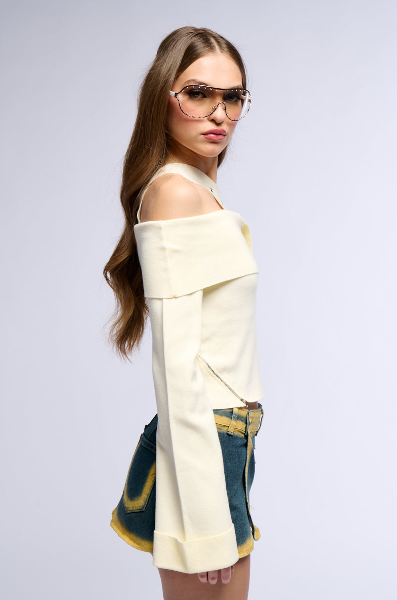 BOUJEE GIRL OFF THE SHOULDER ZIPPER SWEATER TOP