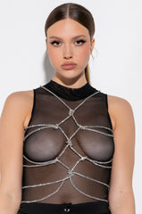 BOUT TIME RHINESTONE CHAIN SLEEVELESS MOCK NECK MESH BODYSUIT