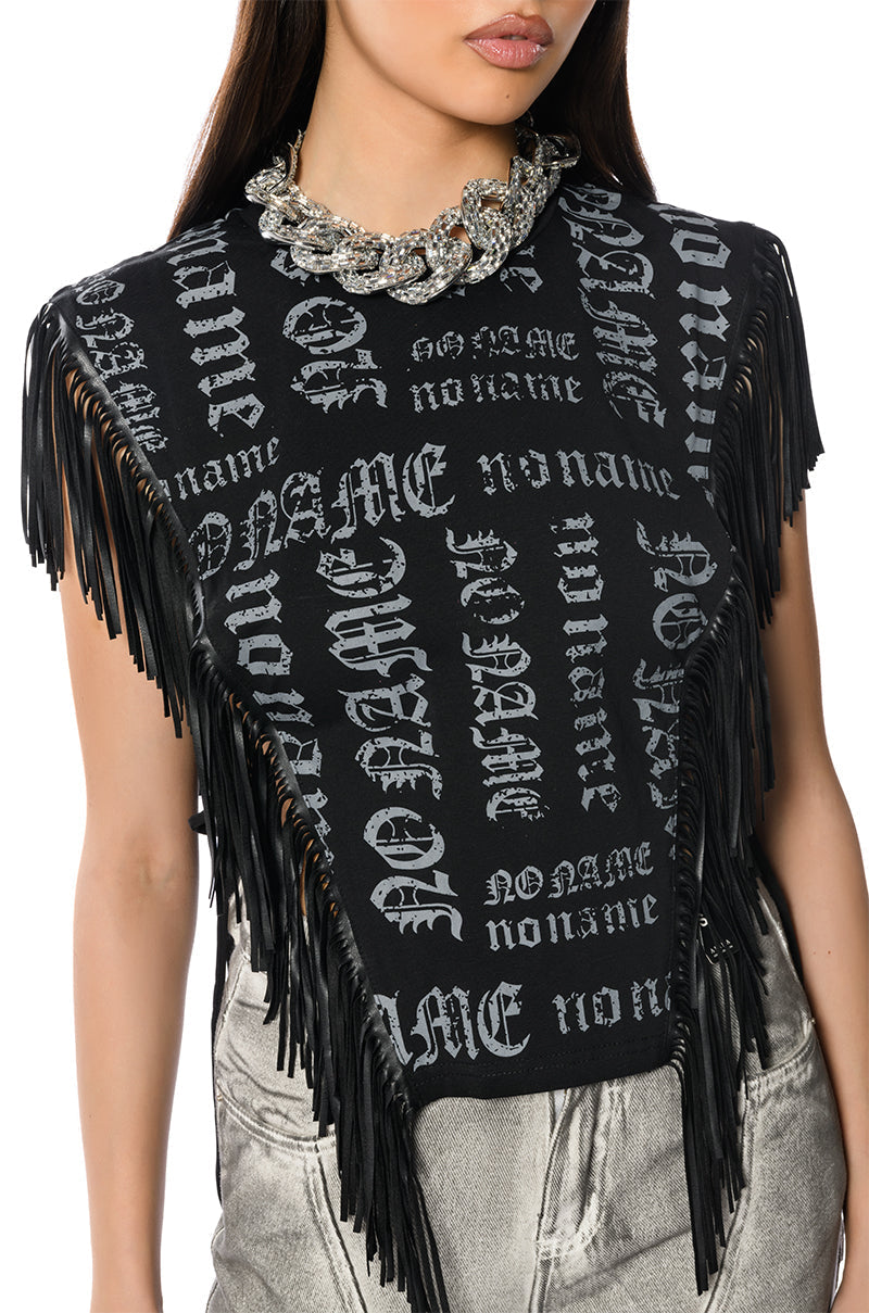 BROOKLYN GRAPHIC PRINTED FRINGE TRIM TSHIRT