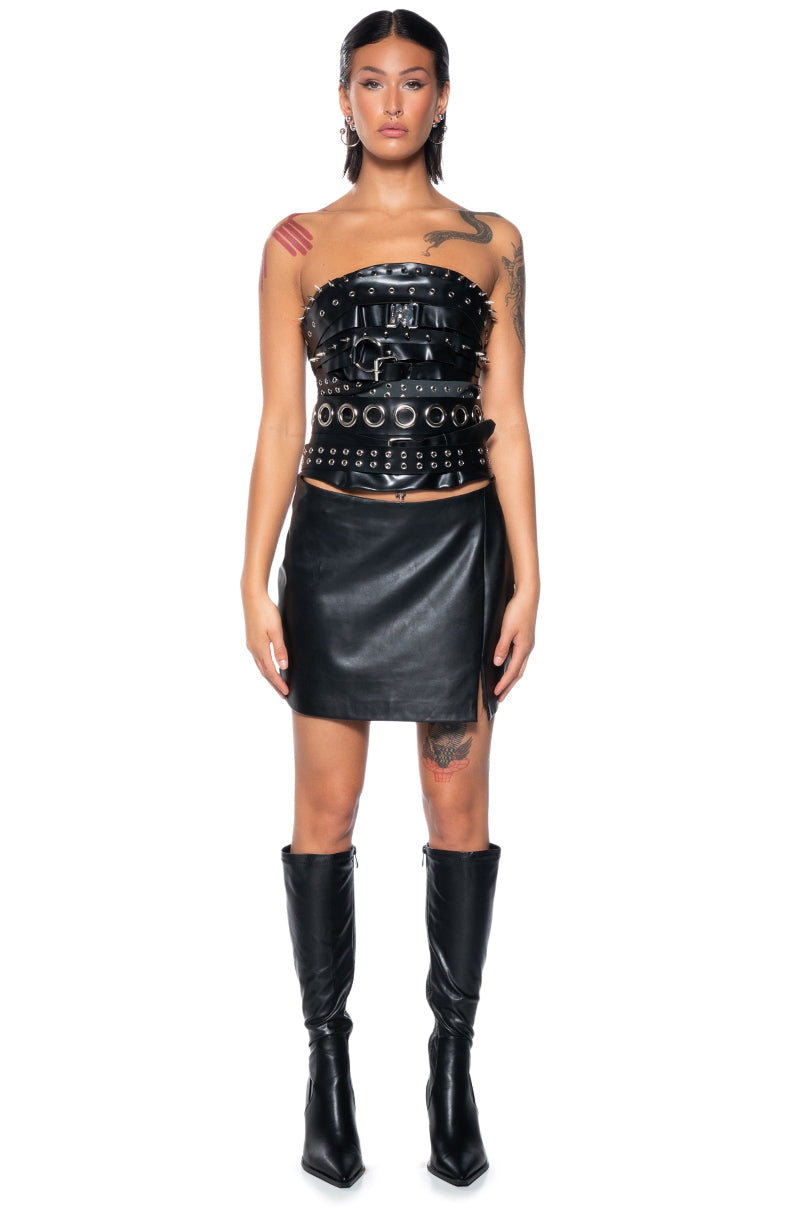 BUCKLED UP FAUX LEATHER STUDDED CORSET