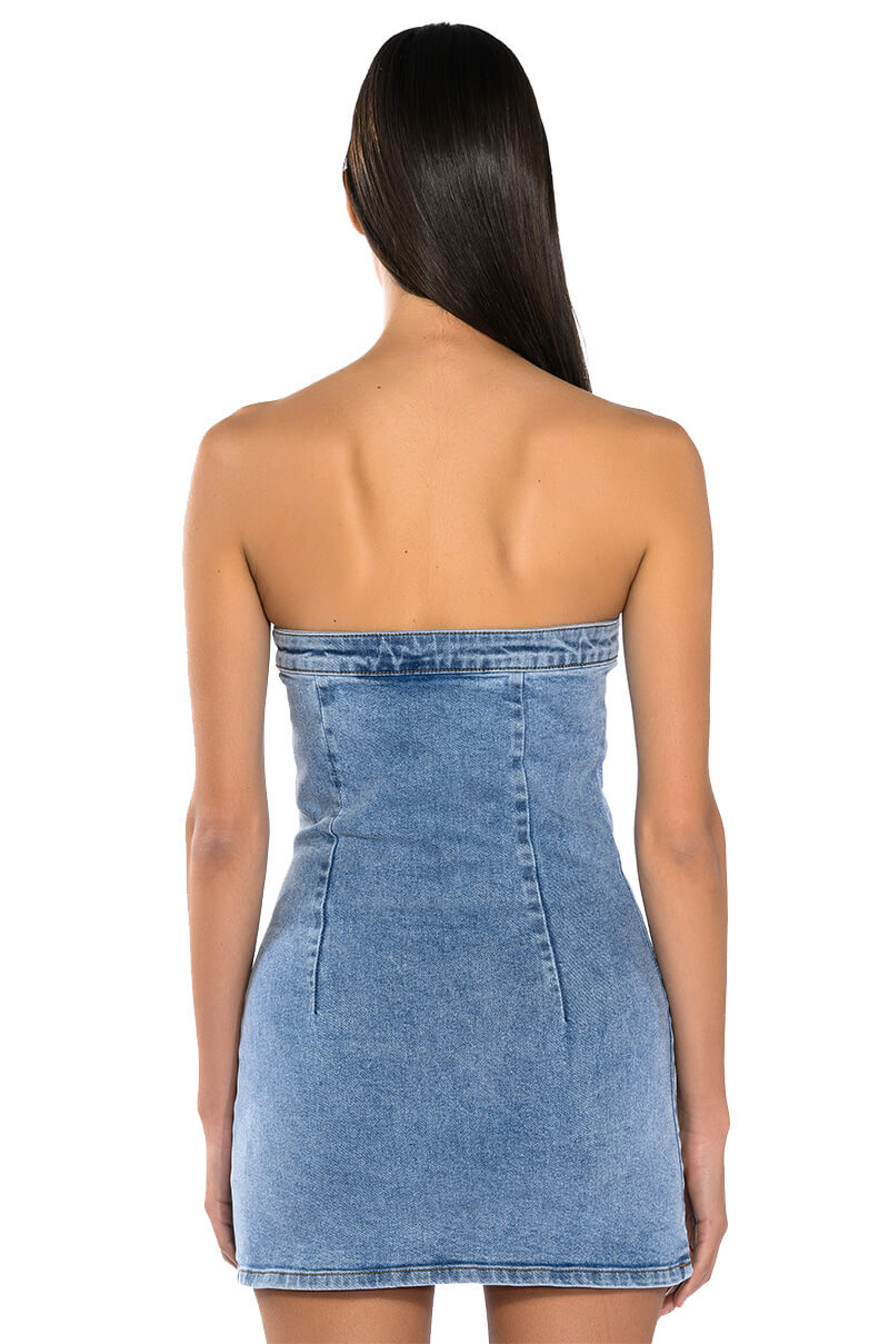 BUTTERFLY KISS EMBELLISHED DENIM MINI TUBE DRESS