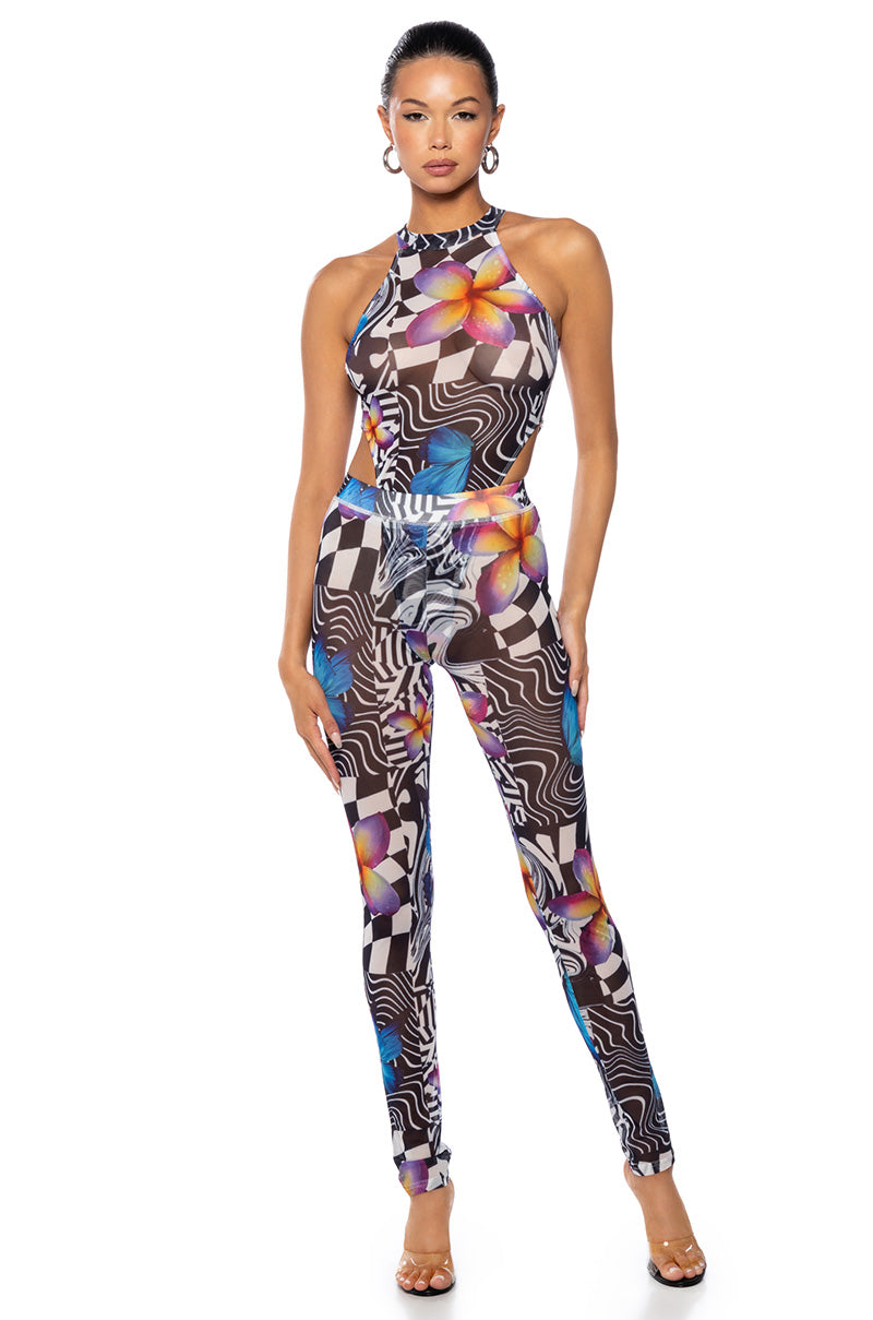 BUTTERFLY TEARS MOCK NECK MESH BODYSUIT