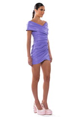 CIELO OFF THE SHOULDER RUCHED FAUX LEATHER MINI DRESS
