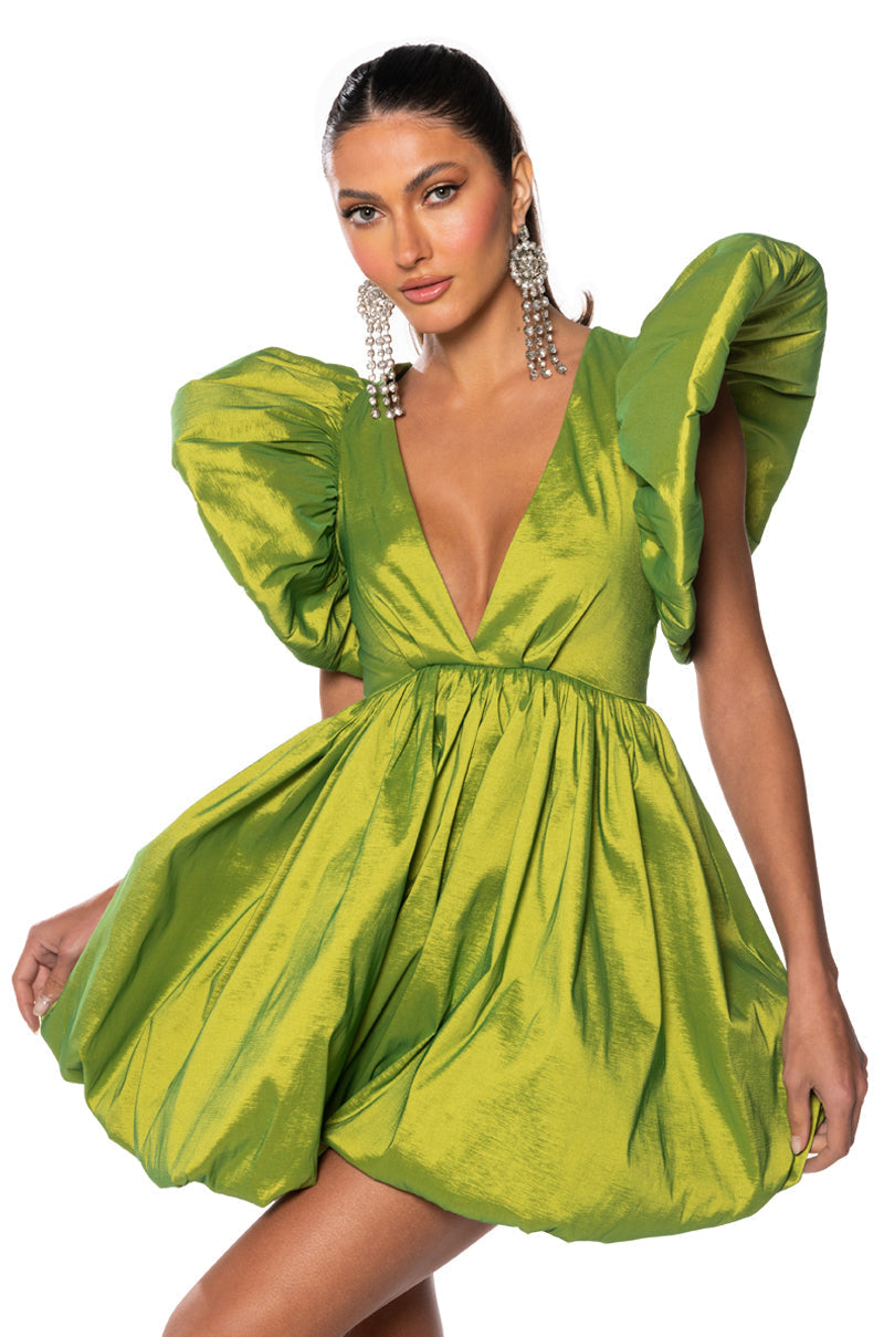 CLEMENTINE BUTTERFLY SLEEVE MINI DRESS IN GREEN