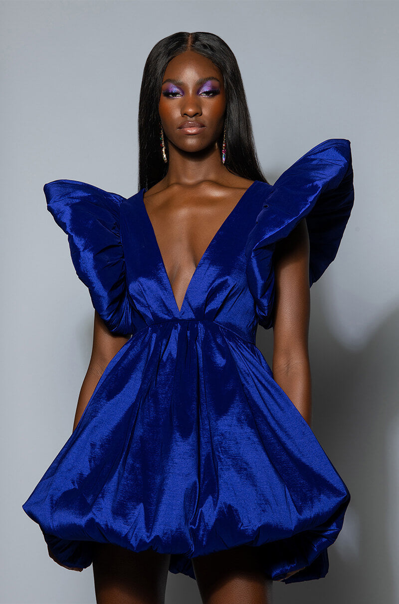 CLEMENTINE BUTTERFLY SLEEVE MINI PUFF DRESS IN DARK PURPLE