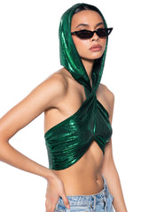 COME THROUGH HOODED METALLIC CROP TOP