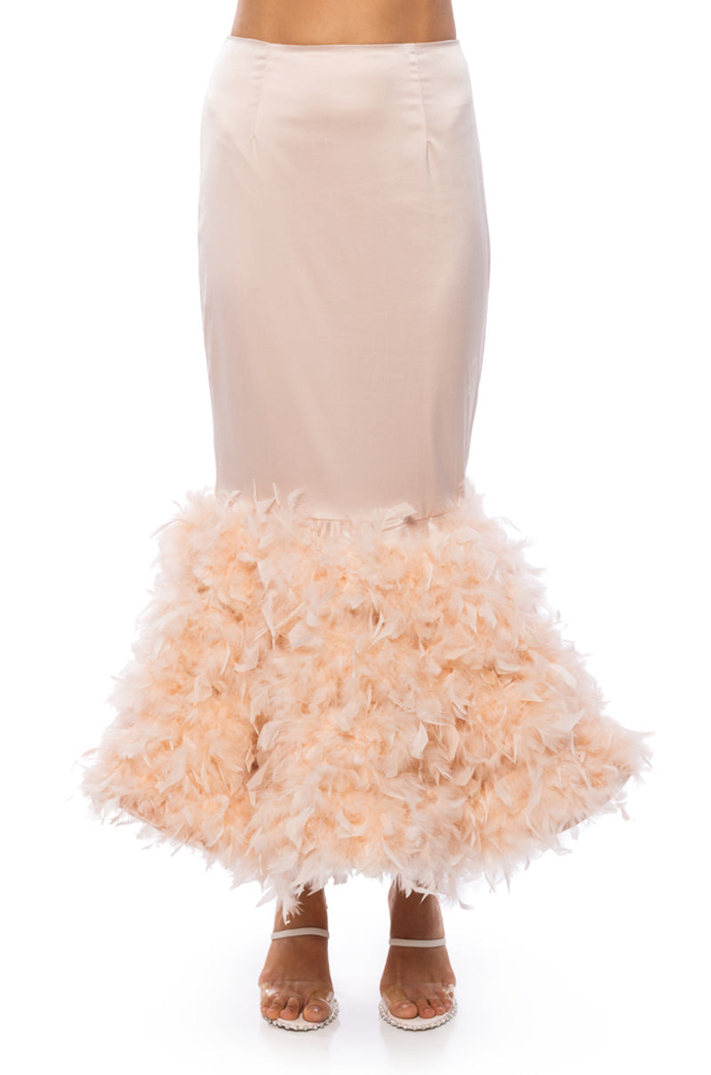 DELLA FEATHER HEM MAXI SKIRT IN LIGHT PINK