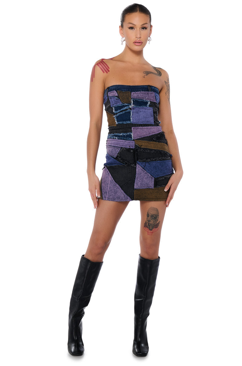DENIM PATCHWORK MINI DRESS