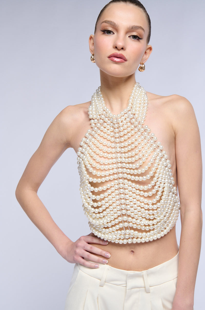 DRAMATIC HIGH COLLAR PEARL TOP