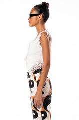 DREAMY TIE FRONT LACE DETAIL SLEEVELESS BLOUSE