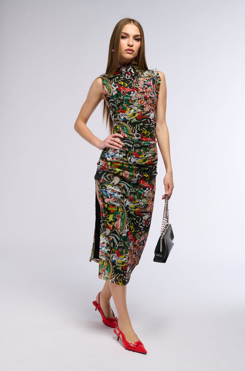 ED HARDY TATTOO COLLAGE PRINT MIDI DRESS