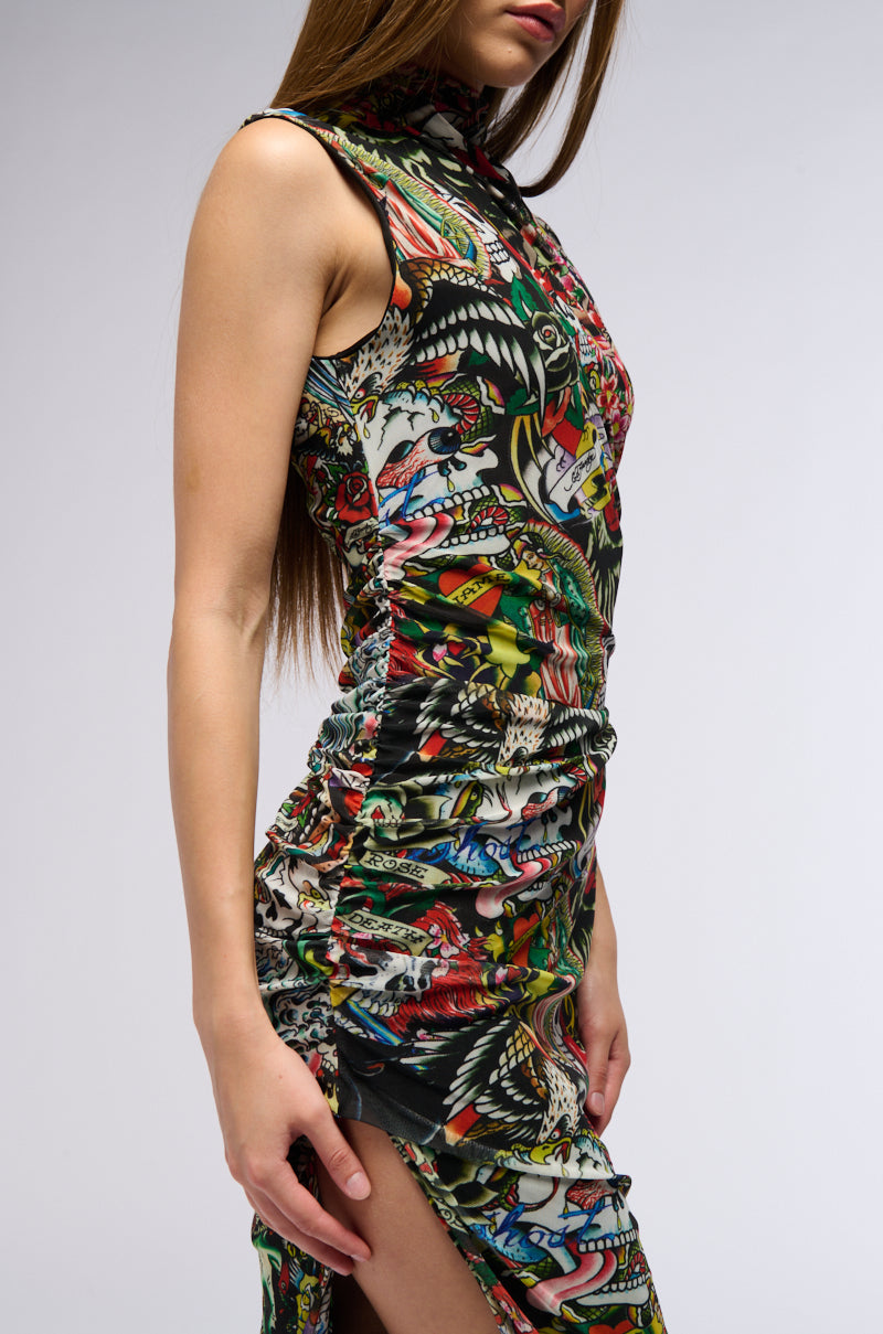 ED HARDY TATTOO COLLAGE PRINT MIDI DRESS