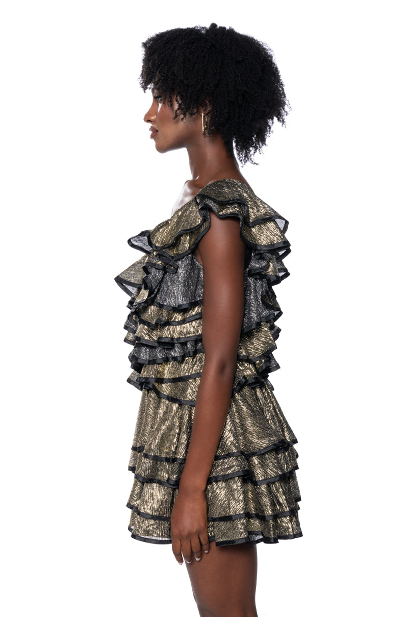 COVER ME IN GOLD RUFFLE MINI DRESS